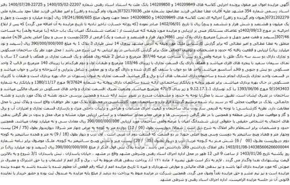 مزایده  تمامت ششدانگ اعیان یک باب خانه (با عرصه وقف) به مساحت 307/46 مترمربع دارای پلاک ثبتی 4861فرعی از 235اصلی