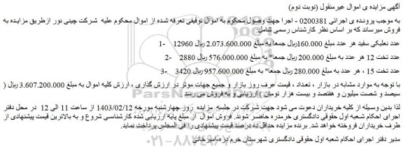 مزایده فروش 12960 عدد نعلبکی سفید و...