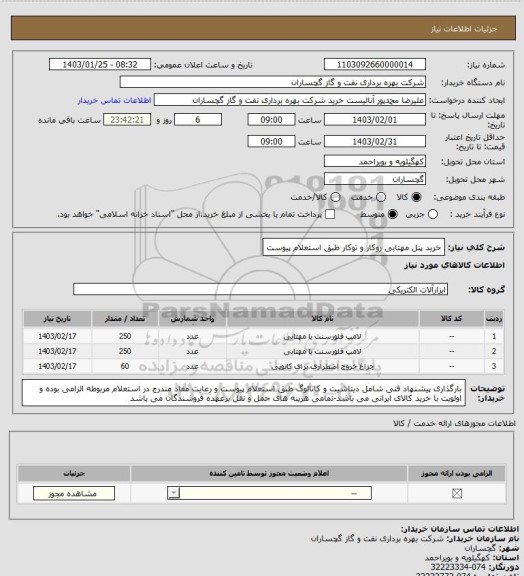 استعلام خرید پنل مهتابی روکار و توکار طبق استعلام پیوست