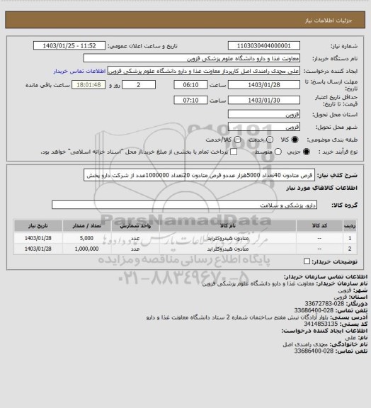 استعلام قرص متادون 40تعداد 5000هزار عددو قرص متادون 20تعداد 1000000عدد از شرکت دارو پخش