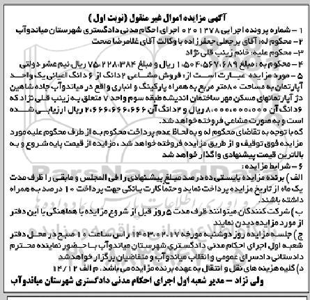 مزایده فروش سهم مشاعی دودانگ از ششدانگ یک واحد آپارتمان