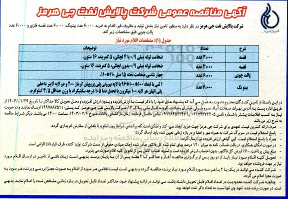 مناقصه عمومی تامین نیاز بخش تولید و مظروف قیر ...