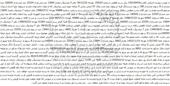 مزایده  مقدار 13604 جزء مشاع از 23334 جزء مشاع از 160000 جزء مشاع از 8 سهم مشاع از 189 سهم ششدانگ قریه شبیلوی علیا تحت پلاک 57 اصلی