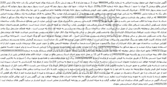 مزایده میزان 2 سهم مشاع از 8 سهم شش دانگ یک باب خانه پلاک ثبتی 2153 اصلی
