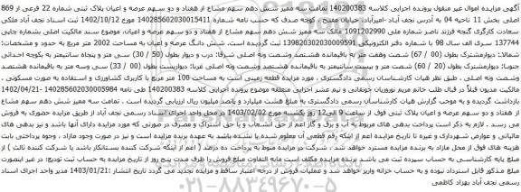 مزایده تمامت سه ممیز شش دهم سهم مشاع از هفتاد و دو سهم عرصه و اعیان پلاک ثبتی شماره 22 فرعی از 869 اصلی