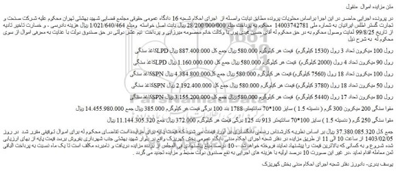 مزایده فروش کاغذ سنگی LPD رول 100 میکرون تعداد 3 رول (1530 کیلوگرم) و...