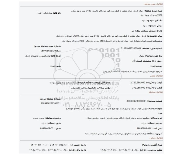 فروش اموال منقول از قبیل مداد اتود طرح فابر کاستل 1400 عدد و پونز رنگی 7000و خودکار و روان نوی