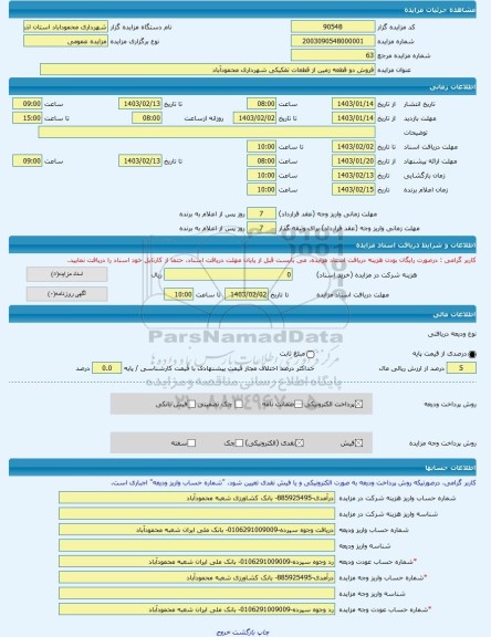 مزایده ، فروش دو قطعه زمین از قطعات تفکیکی شهرداری محمودآباد -مزایده زمین  - استان آذربایجان غربی