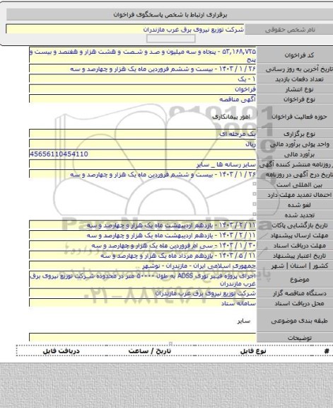 مناقصه, اجرای پروژه فیبر نوری ADSS به طول ۵۰۰۰۰ متر در محدوده شرکت توزیع نیروی برق غرب مازندران