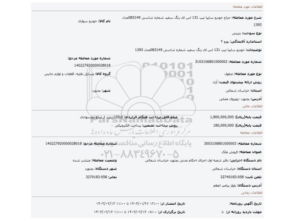 خودرو سایپا تیپ 131 اس ای رنگ سفید شماره شاسی 083149مدل 1393