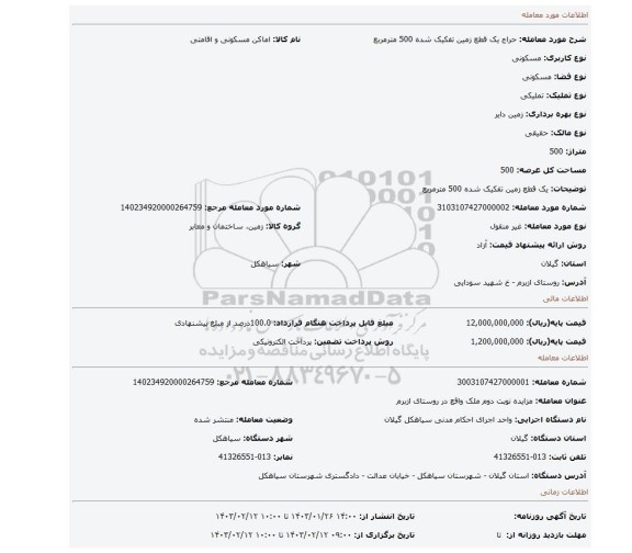 یک قطع زمین تفکیک شده 500 مترمربع