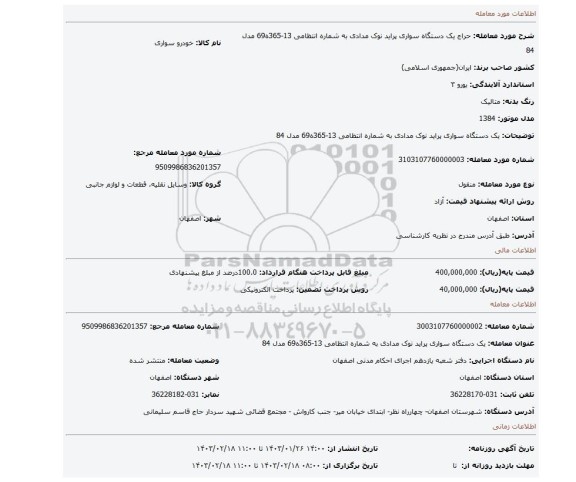 یک دستگاه سواری پراید نوک مدادی به شماره انتظامی 13-365ه69 مدل 84