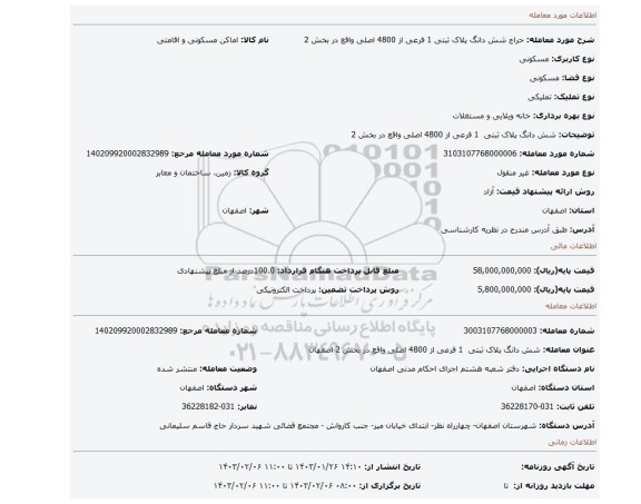 شش دانگ پلاک ثبتی 1 فرعی از 4800 اصلی واقع در بخش 2