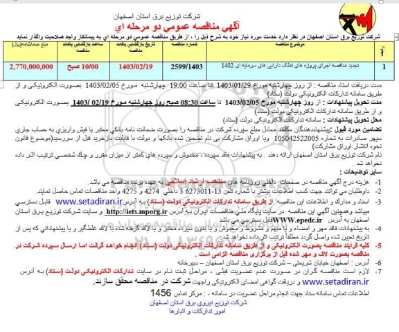 تجدید مناقصه اجرای پروژه های تملک دارایی های سرمایه ای 1402