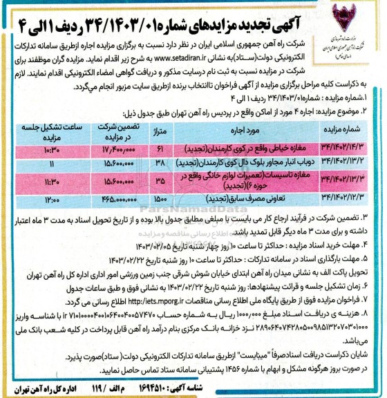 تجدید مزایده اجاره 4 مورد از اماکن