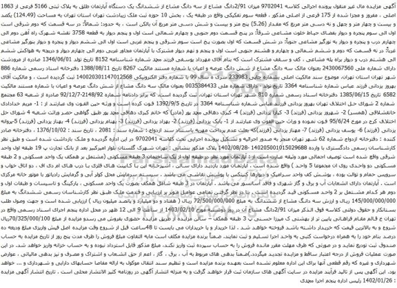 مزایده 2/91دانگ مشاع از سه دانگ مشاع از ششدانگ یک دستگاه آپارتمان طلق به پلاک ثبتی 5166 فرعی از 1863 اصلی