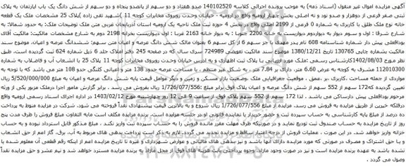 مزایده صدو هفتاد و دو سهم از پانصدو پنجاه و دو سهم از شش دانگ یک باب اپارتمان به پلاک ثبتی صفر فرعی از دوهزار و صدو نود و نه اصلی