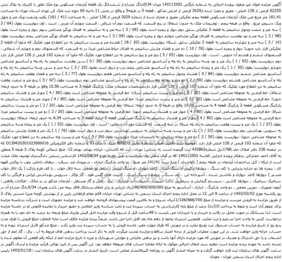 مزایده میزان 0/34دانگ مشاع از ششدانگ یک قطعه آپارتمان مسکونی نوع ملک طلق با کاربری به پلاک ثبتی 62255 فرعی از 126 اصلی
