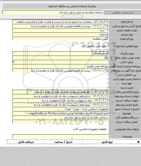 مناقصه, خرید تجهیزات کاربری راهداری و آتش نشانی برای ۹۵ دستگاه کامیونت