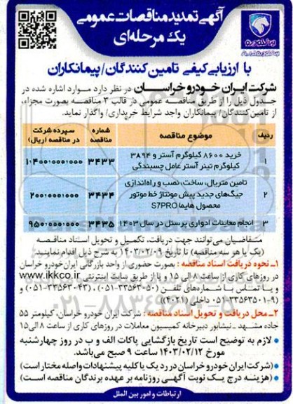 مناقصه خرید 8600 کیلوگرم آستر و 3894 کیلوگرم تینر آستر عامل چسبندگی .... تمدید