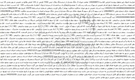 مزایده میزان 2 دانگ مشاع از ششدانگ پلاک ثبتی 7332 فرعی از 141 اصلی
