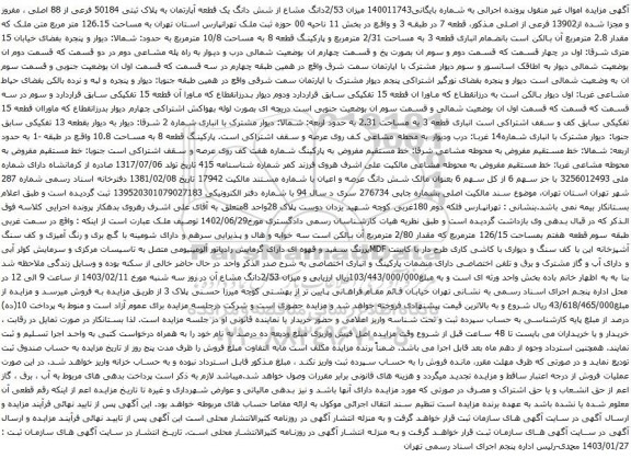 مزایده میزان 2/53دانگ مشاع از شش دانگ یک قطعه آپارتمان به پلاک ثبتی 50184 فرعی از 88 اصلی
