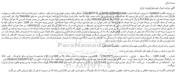 مزایده فروش سواری سایپا هاچ بک ، تیپ 111SE ، مدل 1395 ، رنگ سفید ، بنزینی