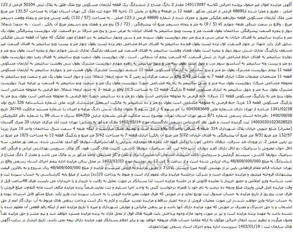 مزایده مقدار 2 دانگ مشاع از ششدانگ یک قطعه آپارتمان مسکونی نوع ملک طلق به پلاک ثبتی 50204 فرعی از 123 اصلی 