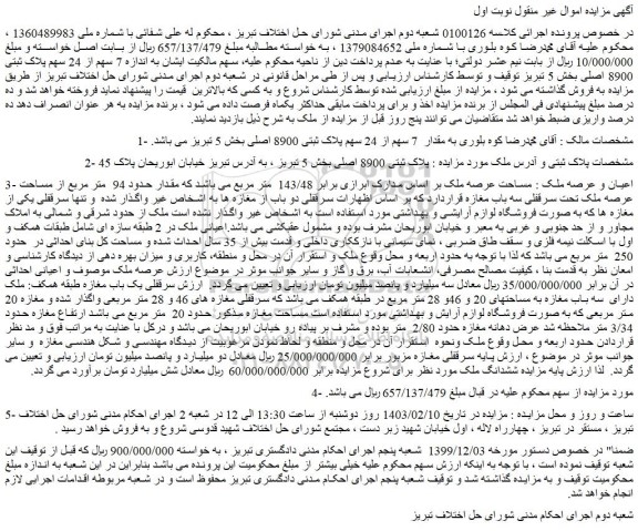 مزایده فروش مقدار 7 سهم از 24 سهم پلاک ثبتی 8900 اصلی