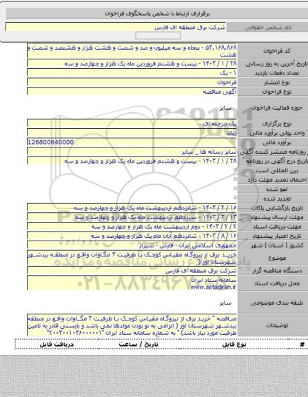 مناقصه, خرید برق از نیروگاه مقیاس کوچک با ظرفیت ۳ مگاوات واقع در منطقه بیدشهر شهرستان اوز (