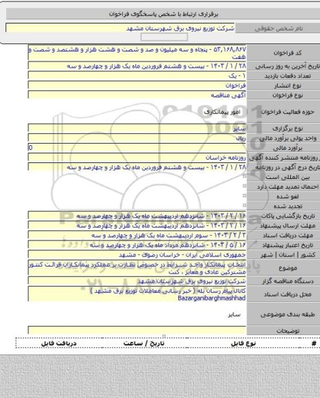 مناقصه, انتخاب پیمانکار واجد شرایط در خصوص نظارت بر عملکرد پیمانکاران قرائت کنتور مشترکین عادی و معابر ، کنت