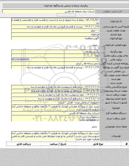 مناقصه, خرید برق از نیروگاه مقیاس کوچک به ظرفیت ۲ مگاوات واقع در منطقه حاجی آباد شهرستان زرین دشت