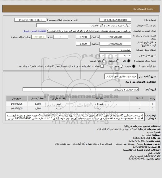 استعلام خرید مواد غذایی امور کارکنان