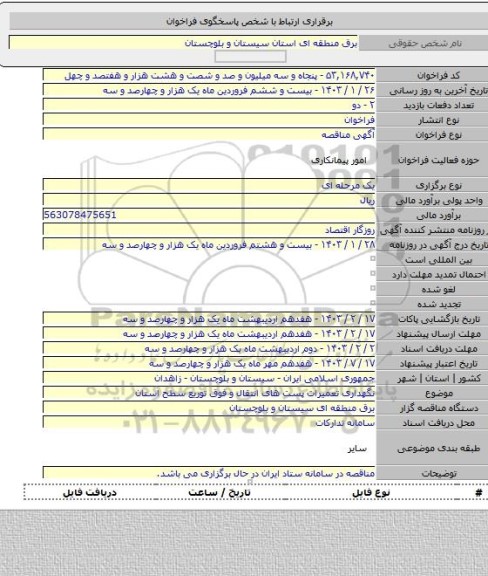 مناقصه, نگهداری تعمیرات پست های انتقال و فوق توریع  سطح استان