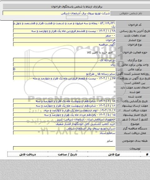 مناقصه, خرید کلمپ کششی کابل خودنگهدار فشار ضعیف