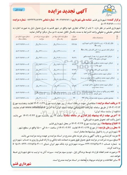تجدید مزایده واگذاری 10 باب از املاک تجاری