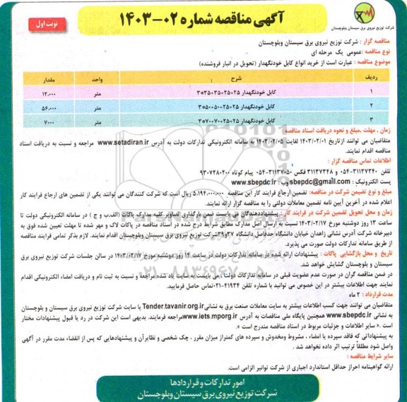 مناقصه کابل خودنگهدار