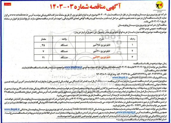 مناقصه خرید انواع تابلو توزیع