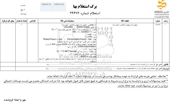 استعلام سیفتی والو پمپهای پلانجری (رلیف والو)