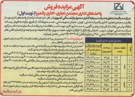 مزایده فروش واحدهای اداری مجتمع تجاری- اداری 