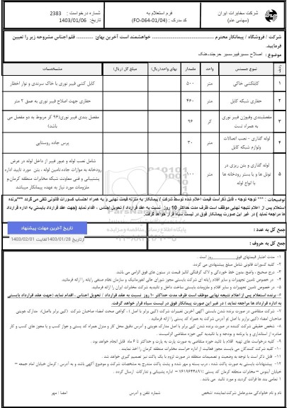 استعلام اصلاح مسیر فیبر مسیر حرجند- هنک