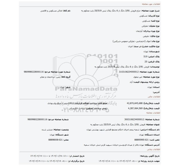 فروش 2/81 دانگ از 6 دانگ پلاک ثبتی 25/519 بابت محکوم به