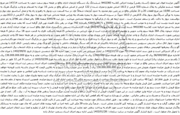مزایده ششدانگ یک دستگاه اپارتمان اداری واقع در طبقه سوم سمت جنوب به مساحت 147/14 متر مربع