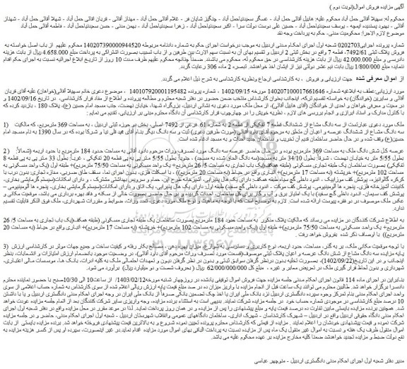 مزایده فروش سه دانگ مشاع از ششدانگ قطعه 7 تفکیکی از قطعه 2 به شماره 61  فرعی از 7492 اصلی