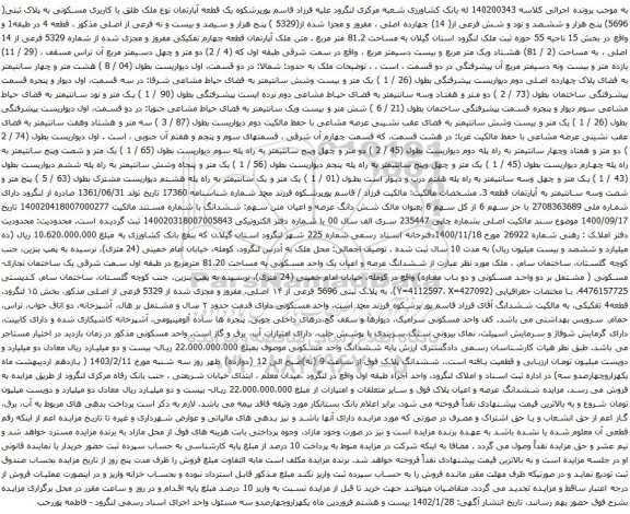 مزایده یک قطعه آپارتمان نوع ملک طلق با کاربری مسکونی به پلاک ثبتی( 5696) پنج هزار و ششصد و نود و شش فرعی از( 14) چهارده اصلی 