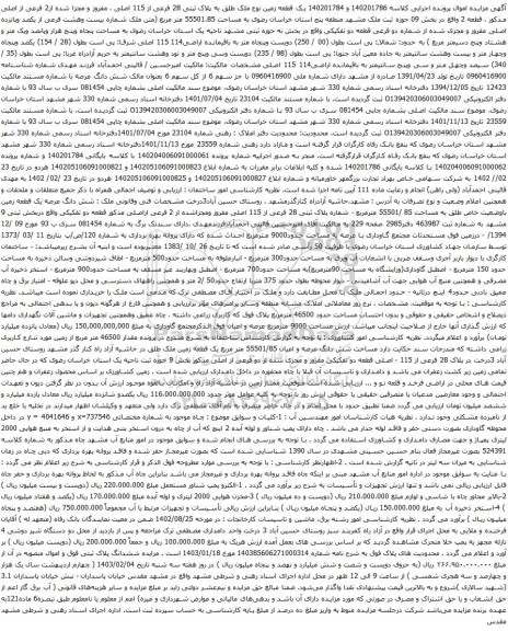 مزایده یک قطعه زمین نوع ملک طلق به پلاک ثبتی 28 فرعی از 115 اصلی