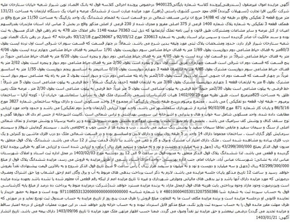 مزایده ششدانگ عرصه و اعیان یک دستگاه اپارتمان به مساحت 131/21 متر مربع 