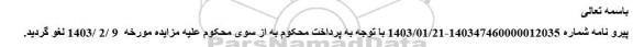 لغو مزایده پلاک ثبتی 84 فرعی از 2302 اصلی مفروز و مجزی شده از 83