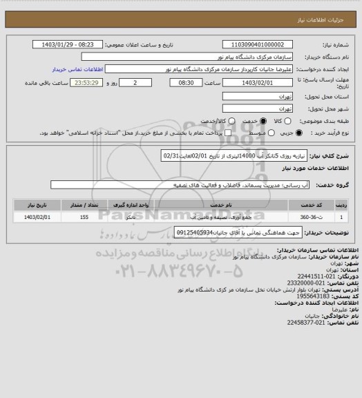 استعلام نیازبه روزی 5تانکر آب 14000لیتری از تاریخ 02/01لغایت02/31