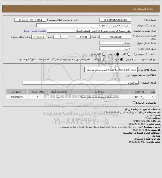 استعلام جدول گذاری معابر با مصالح طبق لیست پیوستی